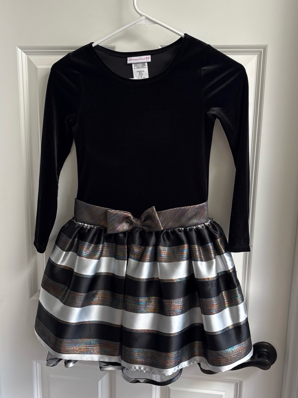 Bonnie Jean Black, White & Silver Striped Waist-Bow Girl's Dress